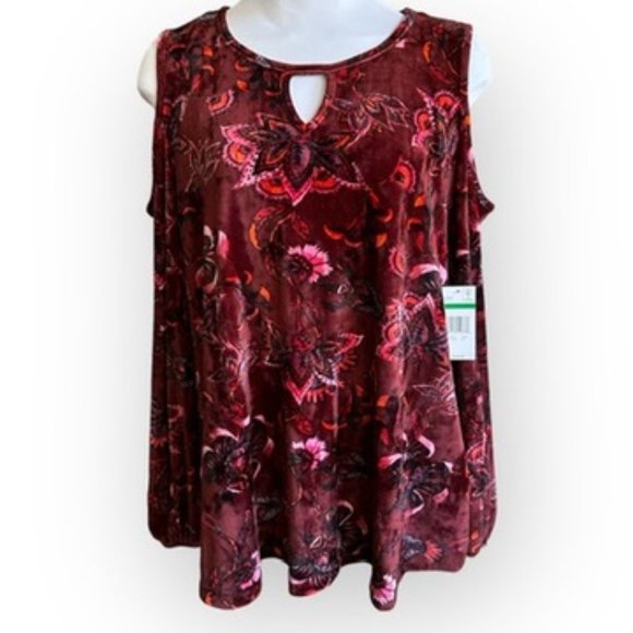 Vintage America Blues Velour Long Sleeve Blouse Top Floral Burgundy Large - Picture 2 of 5